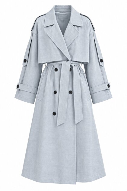 Grauer Lucky Button Detaillierter Oversize-Trenchcoat - 9476
