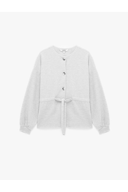 Drawstring Tie Buttoned Crew Neck Long Sleeve Cardigan