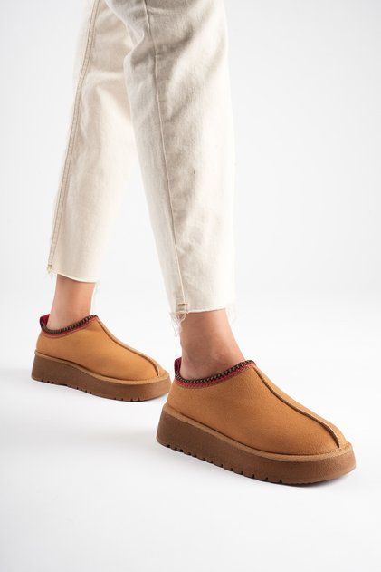 Women's Tan Suede Fur Lined Orthopedic Daily Thick Soled Winter House Slippers