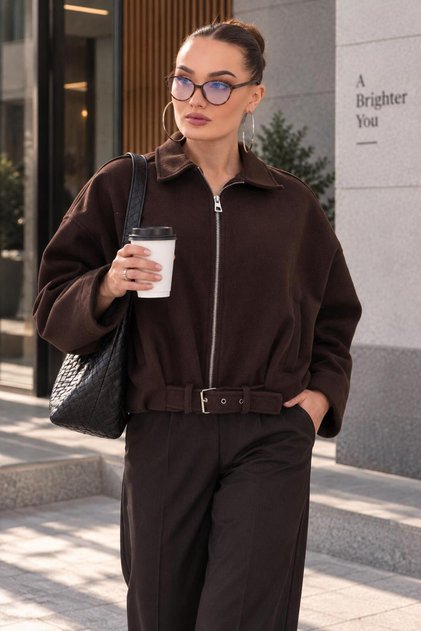 Women's Zipper Closure Belt Detailed Short Cashmere Coat 265295 -