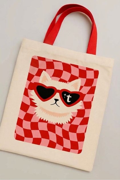 Cloth Bag Red Handle Checkered Heart Cat