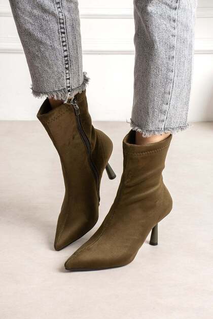 Marya Women's Khaki Stretch Luxury Suede Pointed Toe Warm Lined Zippered 7 cm Thin Heeled Boots Bootie