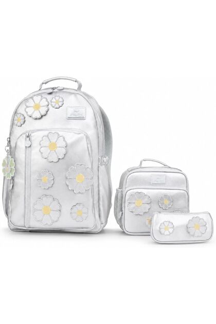 Girls School Bag Set, 3 Piece Kids Backpack Set with Lunch Bag & Pencil Case, Floral School Backpack for Girls, Multi Pocket Book Bag, Travel & Everyday Use - Silver