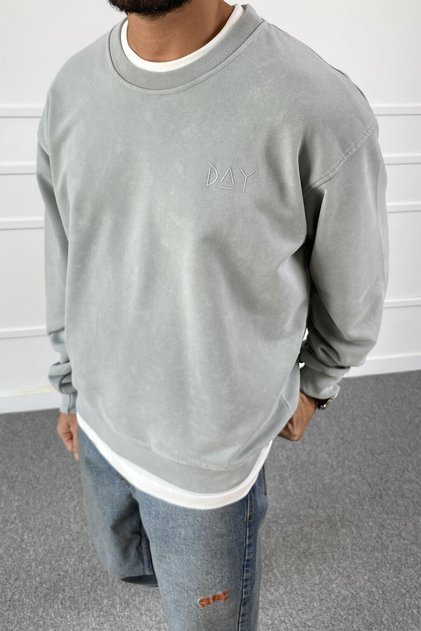 Hanorac oversize cu imprimeu Day, lavabil, cu guler tip crewneck | STK2082-Sweatshirt