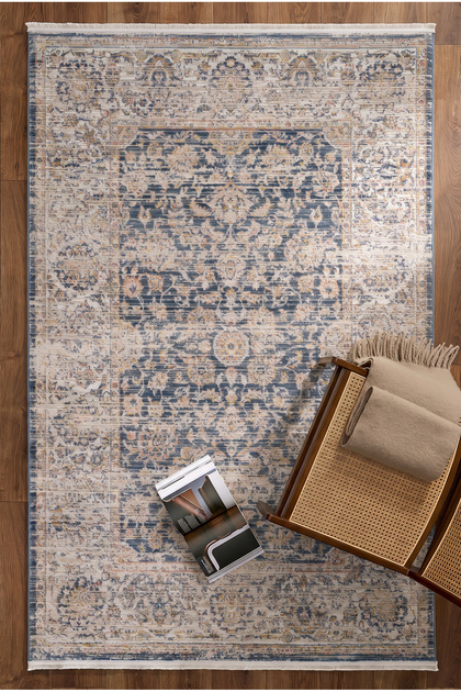 Verona Serisi Vintage Modern Eskitme Etnik Desenli Otantik Dokuma Salon Halısı (1498A-BLUE)