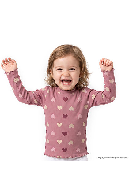 HelloBaby Kız Bebek Tişört Kalp Baskılı Bisiklet Yaka Long Sleeve