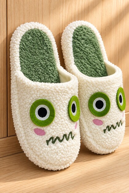Monster Figured Towel Women's House Slippers - Warm and Fluffy Slippers with Noise-Free Soles