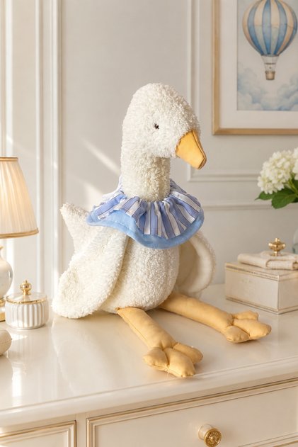 El Yapımı Mavi Fırfır Yakalı Sevimli Kaz Pelüş Oyuncak - Erkek Bebek Uyku ve Oyun Arkadaşı
