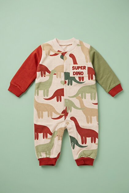 Baby Boy Dinosaur Patterned Long Sleeve Jumpsuit with Snap Cuffs