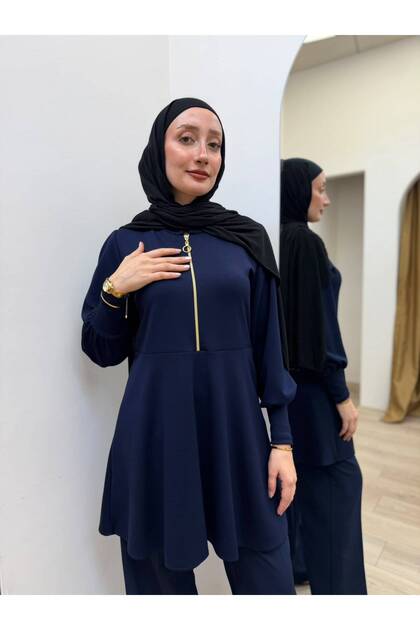 Tunica hijab pentru femei cu nasturi cu volane și detaliu cu fermoar auriu