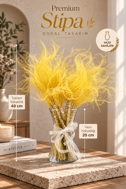 Premium Sarı Stipa Cam Vazolu Doğal Kuru Çiçek Aranjmanı – Dekoratif ve Hediyelik