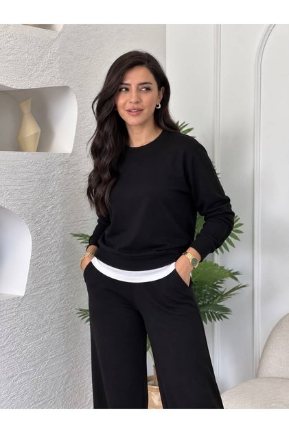 White T-Shirt Detailed Modal Fabric Wide Leg Comfortable Cut Women's Top and Bottom Set Tracksuit