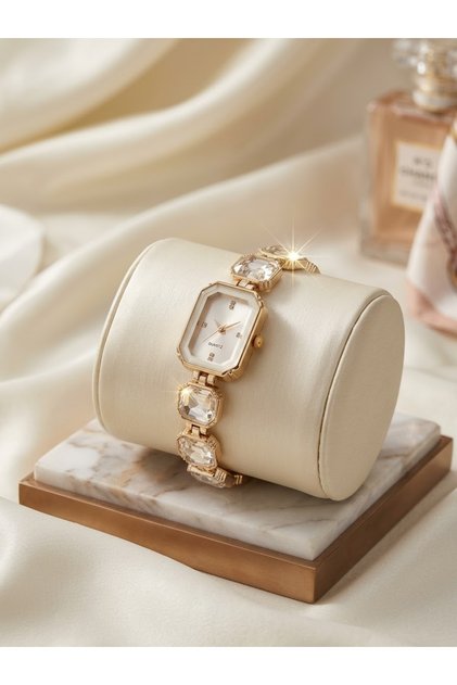 Women's Gold Stone Bracelet Formed Wristwatch Vintage Geometric Dial Stylish Gift Women's Watch
