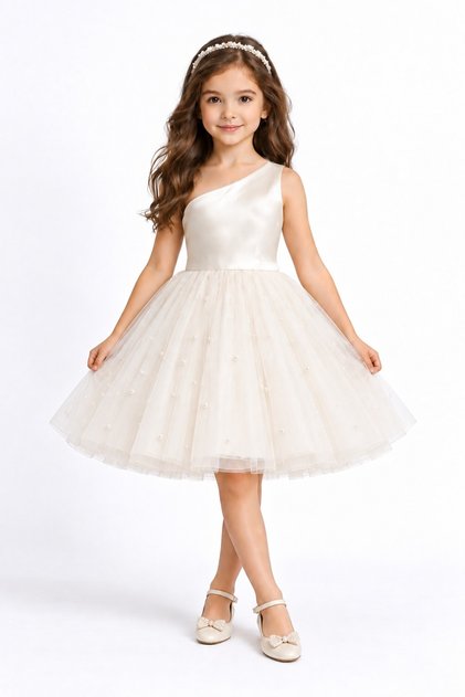 Girl's One Shoulder Short Dreamy Tulle Special Occasion Dress with Pearls
