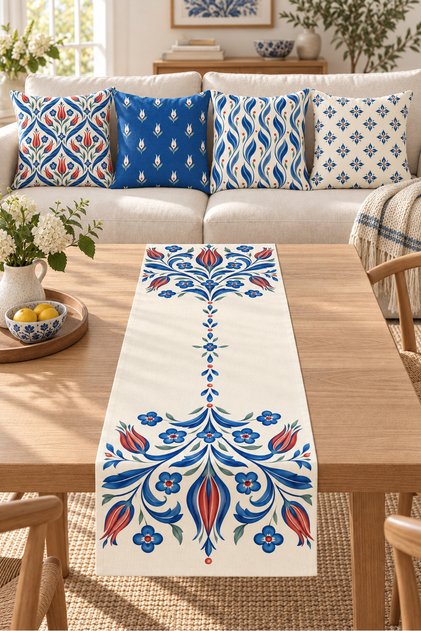 Blue Orange Tulip Ethnic Patterned 4 Throw Pillow Covers 1 Runner 5 Piece Set