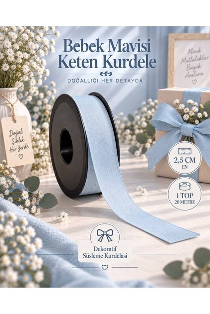 Baby Blue Linen Ribbon 2.5 cm – 1 Roll 20 Meters – Decorative Bow, Gift Wrapping, Decoration and Textile Accessory Ribbon