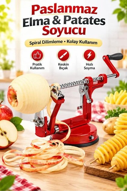 Paslanmaz Çelik Spiral Elma Patates Soyucu Dilimleme Makinesi Vantuzlu Dilimleyici Slicer