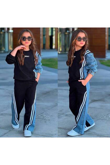 Denim Garnished Striped Denim Girls' Two-Piece Bottom and Top Set