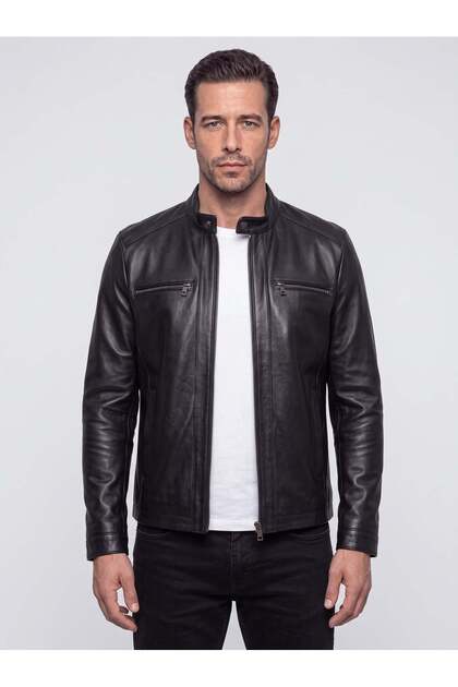 Genuine Leather Black Men's Jacket with Side and Front Pockets