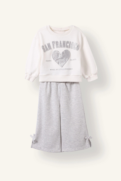 I7733A5ER105 Ekru 2'li Takım Baskılı Sweatshirt Eşofman Altı Kız Bebek