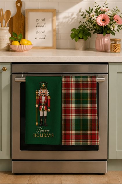 Tartan Nutcracker Green Plaid Christmas Patterned 2-Piece Kitchen Towel Set 35X55