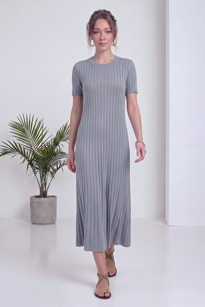 Women's Midi Length Half Sleeve Ribbed Knitted Dress Green, Gray, Black