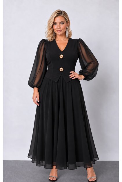 Rochie de seară lungă din șifon, cu mâneci bufante, decolteu în V, cu detaliu broșă florală, din țesătură creponată elastică, mărime mare, pentru femei 26000