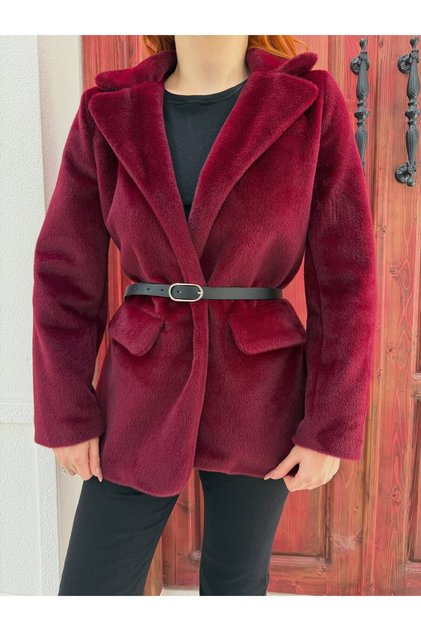 Women's Burgundy Belted Faux Fur Jacket Nh27852