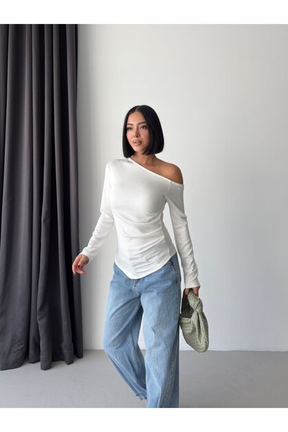 One-Shoulder Long Sleeve Draped Blouse