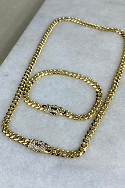 Monaco Chain Modeli Çelik Set 14k Altın Kaplama Kuyum Kapama Kararmaz 45 veya 60 cm Kolye 18 cm Bileklik Zirkon Taşlı