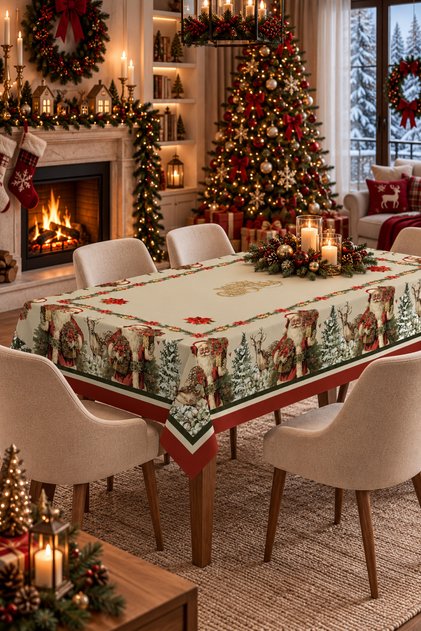 Noel Babalı Yılbaşı Masa Örtüsü – Christmas Desenli Dekoratif Yeni Yıl Masa Örtüsü