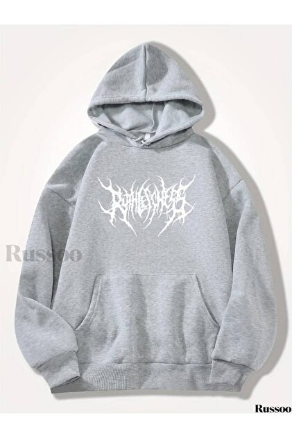 Unisex Gray Low Shoulder Oversize Hooded Casual Sweatshirt with Kangaroo Pocket