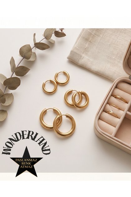 3 Pair Set Women's Gold Earrings - a Quality Steel - Does Not Tarnish