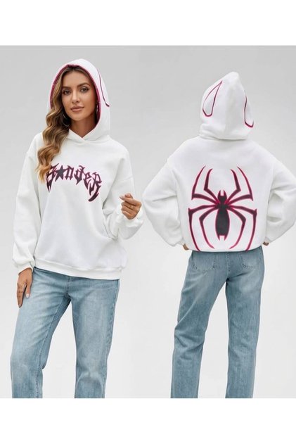 White Unisex Oversize 3 Thread Threaded Printed Hooded Sweatshirt with Kangaroo Pocket