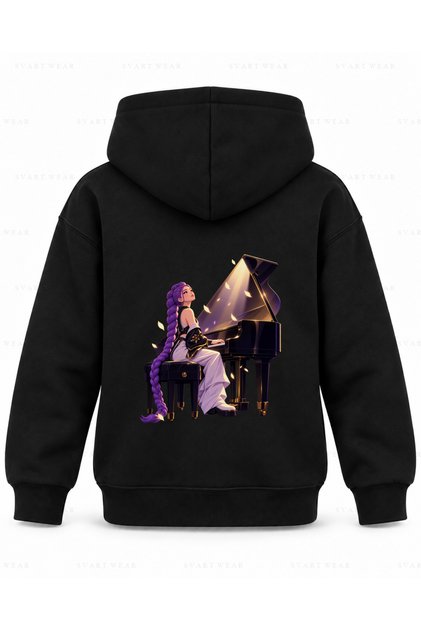 Huntr X Rumi Piano Moment Printed Black Kids' Hooded Sweatshirt