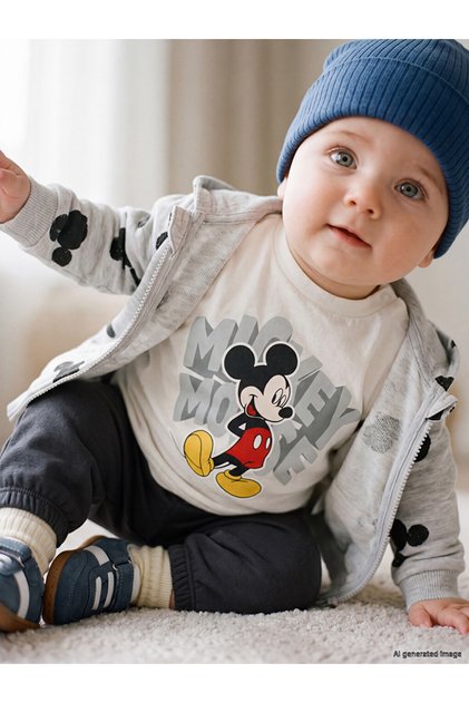 Lcw Baby Ecru Mickey Mouse Printed Baby Boy 3-Piece Set