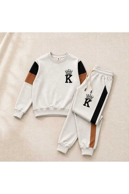 Unisex kids' oversized patchwork 2-thread compact combed cotton sweatshirt / set