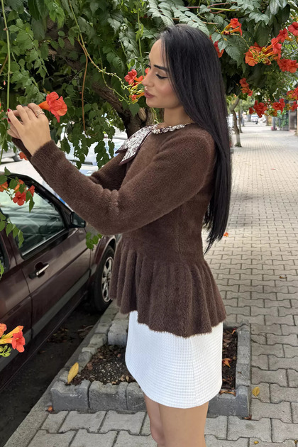 Coffee Rose Women's Knitwear Blouse with Scarf Accessory