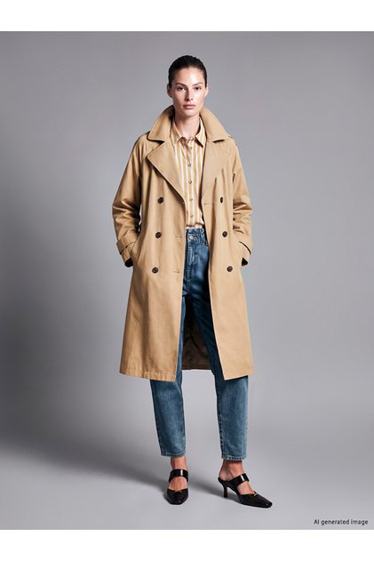Lcw Eco Beige Double-Breasted Collar Belted Women's Trench Coat