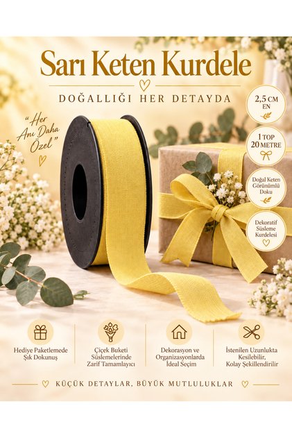 Yellow Linen Ribbon 2.5 cm – 1 Roll 20 Meters – Decorative Bow, Gift Wrapping, Decoration and Textile Accessory Ribbon