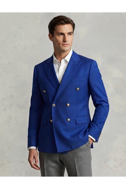 Erkek Saks Slim Fit Altın Düğme Kruvaze Blazer Tek Ceket