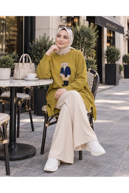 Ayıcık Nakışlı Oversize Triko Tunik Bisiklet Yaka Uzun Kollu