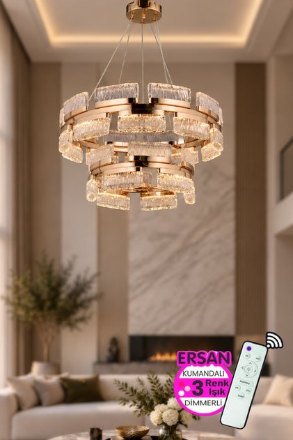 Luxeria Gold 2 Katlı Kumandalı 3 Renk Işık Özelikli Dimerli Sarkıt Led Avize Salon Mutfak Avize
