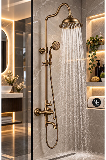 Royal Mix Borulu Duş Seti Fırçalanmış Antik Eskitme Pirinç Gövdeli Banyo Bataryalı