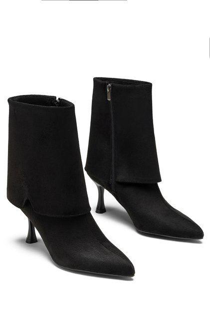 Women's Black Suede Pointed Toe Folded Sock Boots with Goblet Heels (7.5 cm)