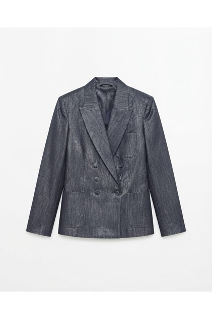 Navy Blue Shiny Pocketed Blazer Jacket