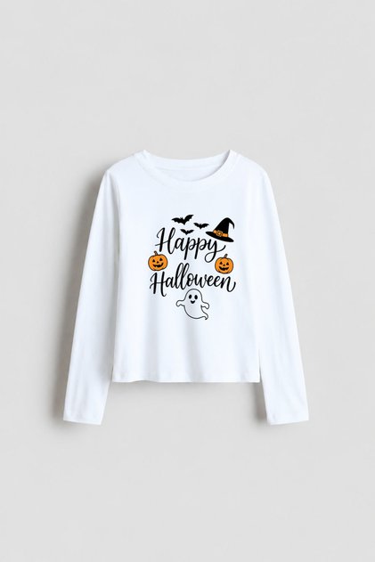 Halloween Halloween Ghost Printed White Crew Neck Long Sleeve Kids Blouse T-Shirt T-Shirt