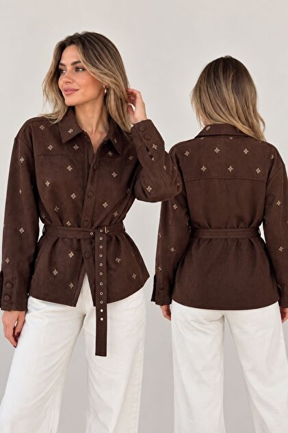 Modern Stone Embroidered Buckle Belted Suede Jacket