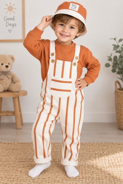 Striped Salopet Hat Sweatshirt 3-Piece Seasonal Baby Boy Set