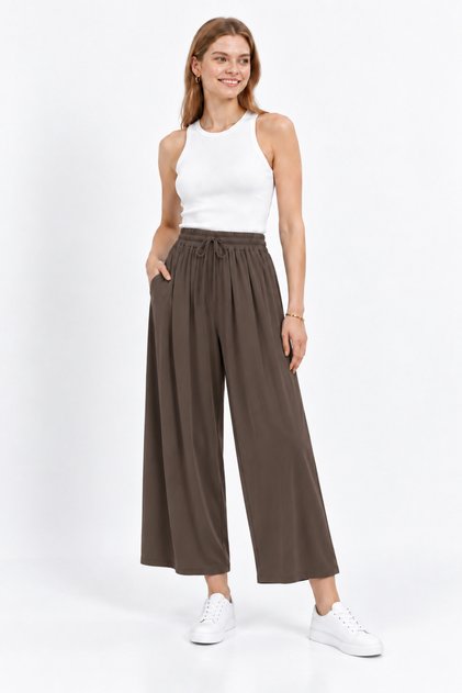 Loreen Women's Elastic Waist Lace-Up Wide Leg Pants Brown 20664